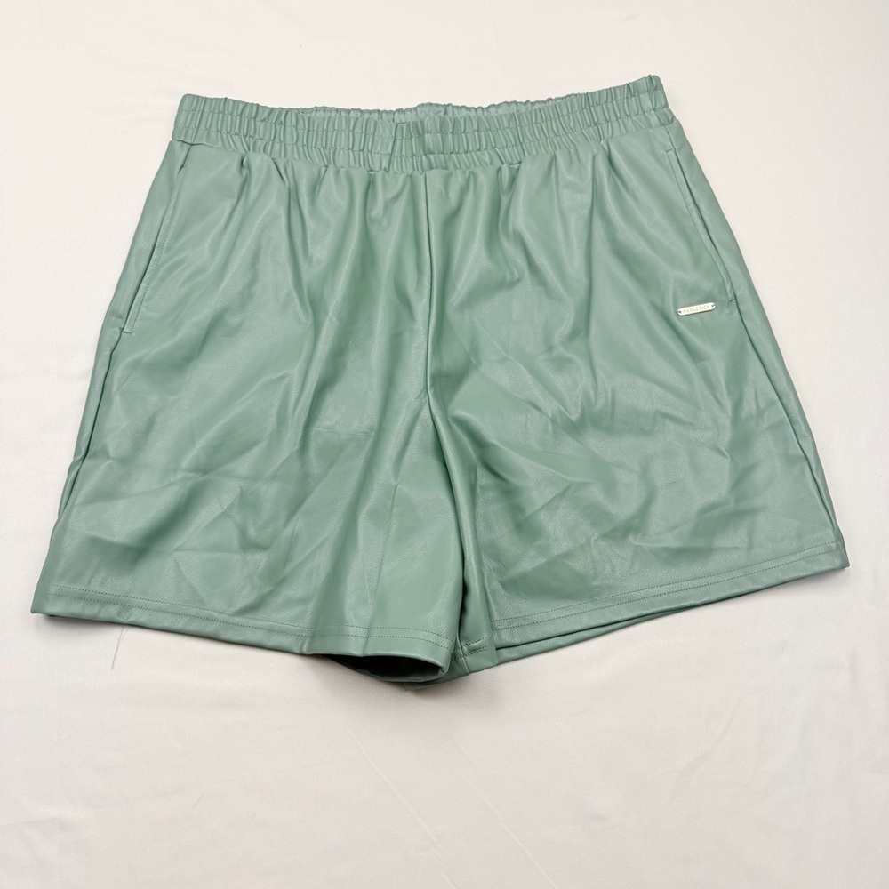 Fabletics Vegan Leather Women's High Waist Smoke Green Shorts - Picture 2 of 11